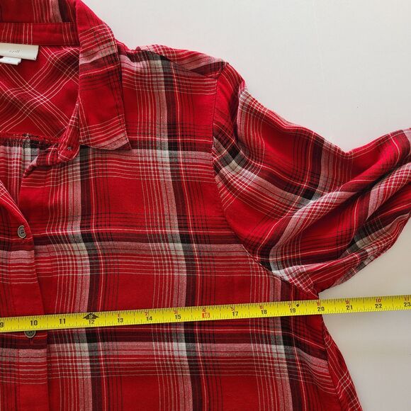J Jill Flared Red Plaid Long Sleeve Button-Up Tunic Shirt Rayon Flannel Sz M - Picture 8 of 9